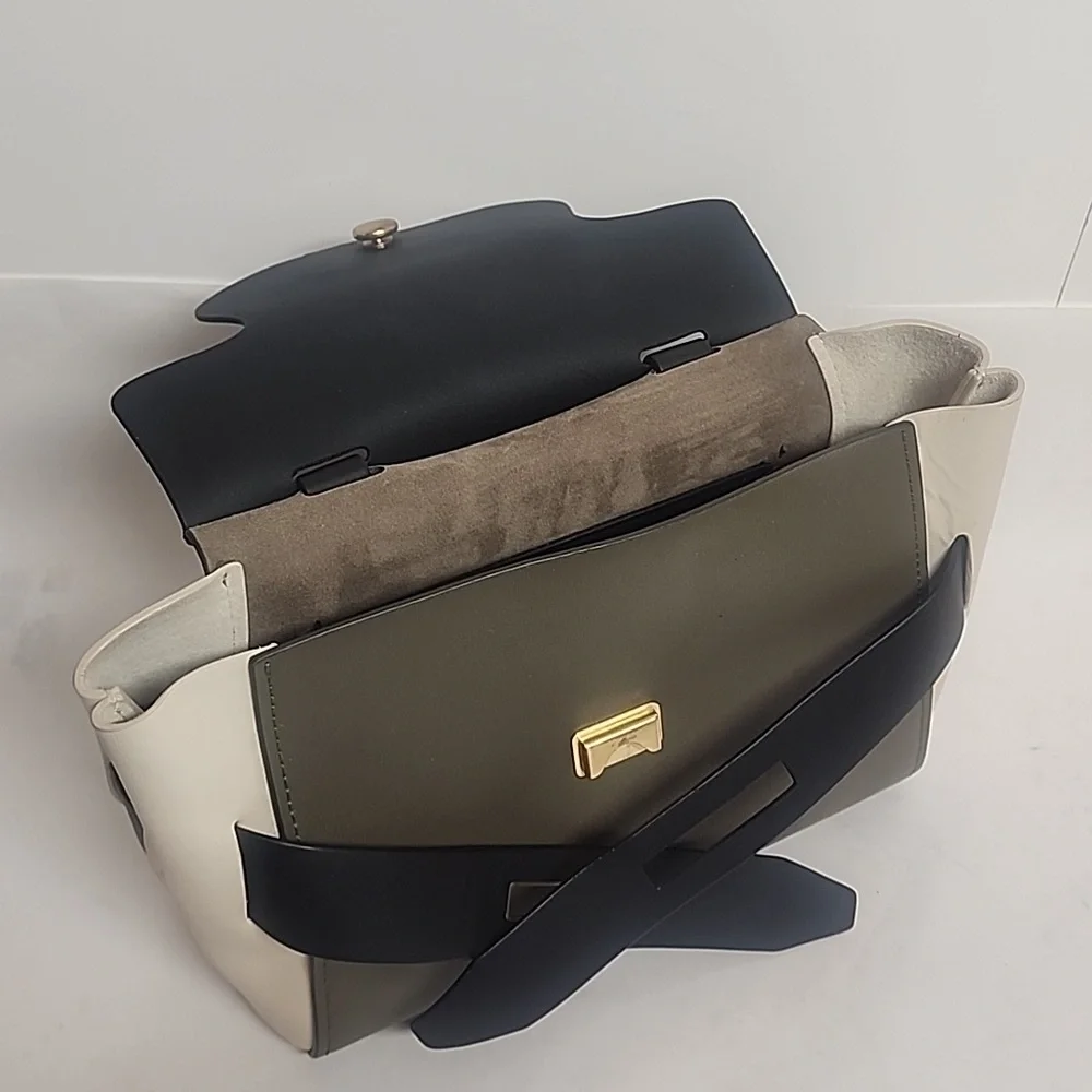 Rare ZAC Zac Posen Leather Cowhide Brigette Black, Taupe & Cream Belted Satchel
